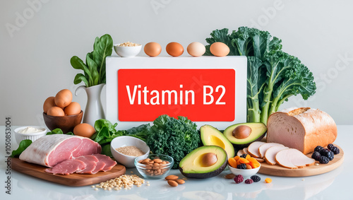 Various fresh food with the sign vitamin B2, meat, vegetables, broccoli, nuts, greens photo