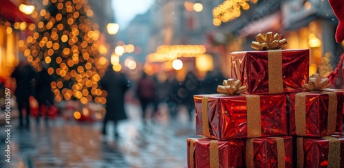 Festively decorated street with Christmas lights and gift boxes during the ho...