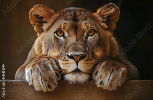 A lioness resting with her paws on a log in a calm, dimly lit environment