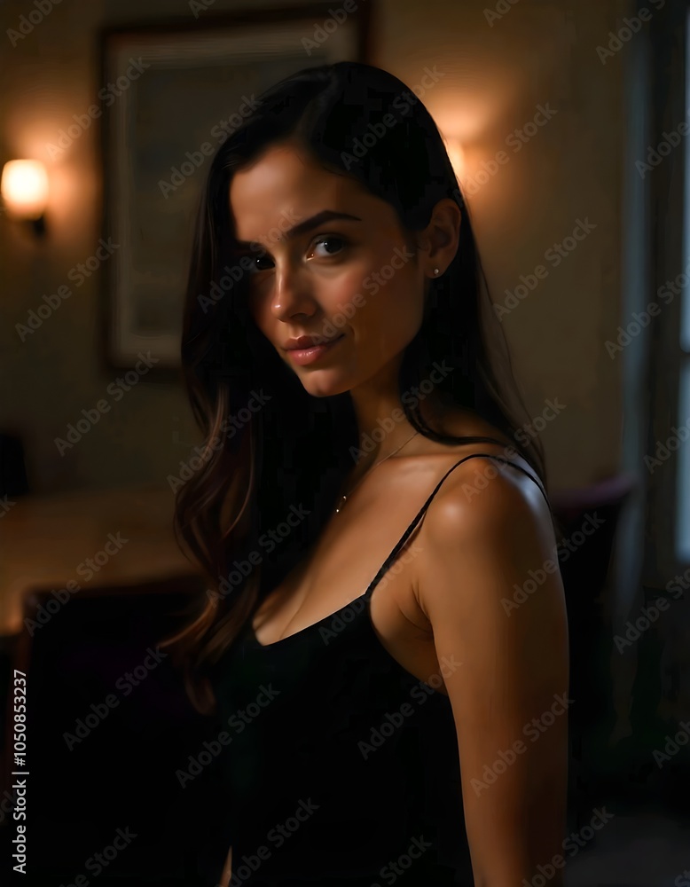 Fototapeta premium A young woman in black with dark hair and olive skin is dressing in a dark-lit indoor area.