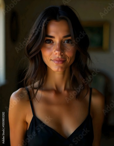 A young woman in a black dress with sleeves is in a dimly lit indoor setting with dark hair and olive skin.