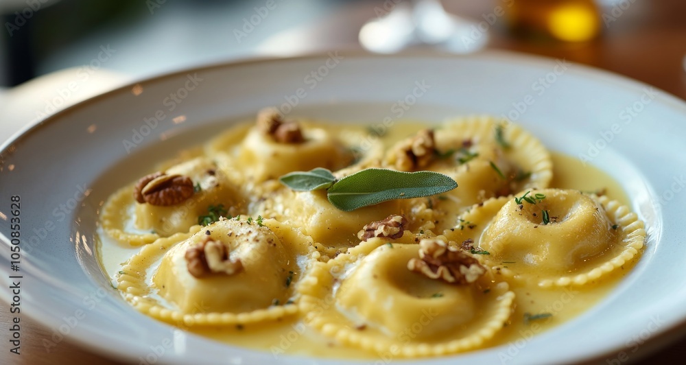 Delicious homemade ravioli served on a white plate garnished with sage and walnuts Delicious homemade ravioli served on a white plate garnished with sage and walnuts