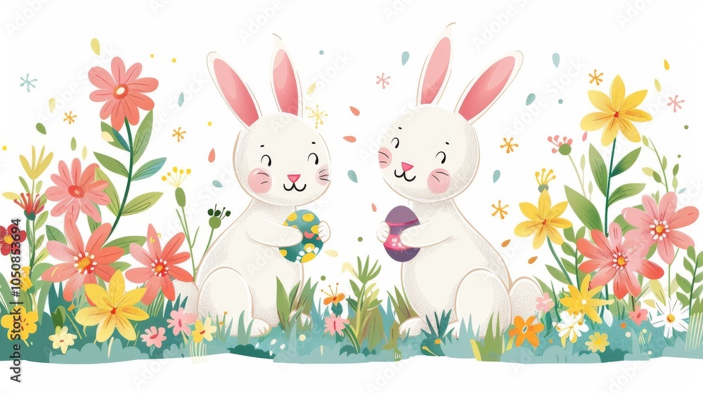 Obraz premium Happy Easter vector with bunny and floral elements, pastel eggs on a white background
