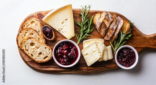 Artfully arranged selection of cheeses, spreads, and bread on a wooden board ...