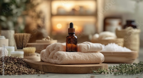 Essential oil dropper bottle on a wooden surface surrounded by towels and spa...