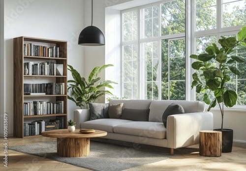 Modern living room with a stylish grey sofa, natural light, and minimal decor...