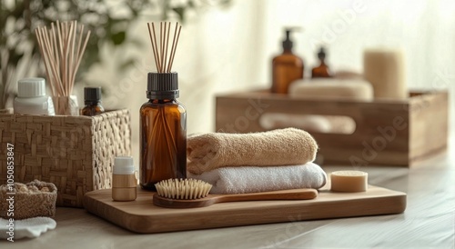 Spa essentials arranged neatly on a wooden surface with towels, oils, and nat...