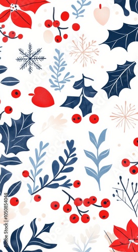 Colorful winter foliage pattern with red, blue, and cream tones featuring ber...