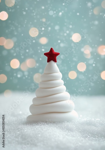 Snowy Christmas tree adorned with a red star amidst soft winter bokeh lights