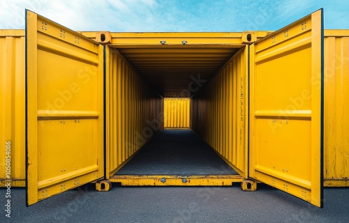 Bright yellow shipping container with wide open doors in an industrial area d...