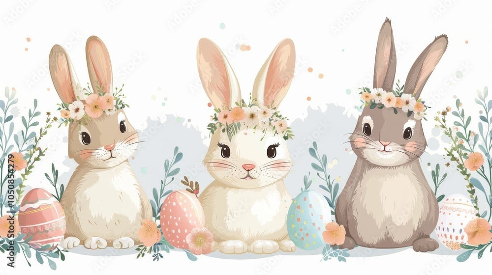 Obraz premium Playful Easter bunnies with floral crowns and pastel eggs, vector illustration on a white background