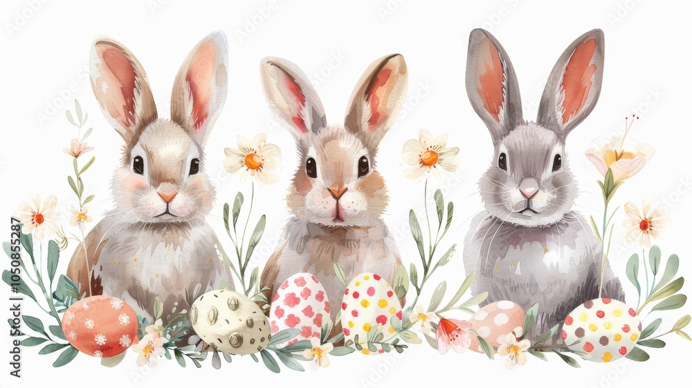 Fototapeta premium Playful Easter bunnies with floral crowns and pastel eggs, vector illustration on a white background