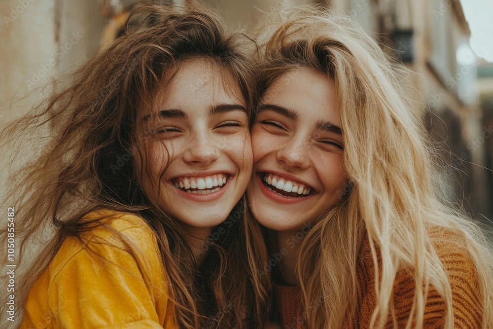 Two cheerful best friends laughing and having fun while embracing each other, Generative AI Two cheerful best friends laughing and having fun while embracing each other, Generative AI