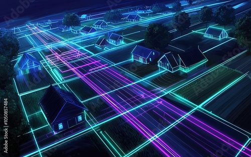 Electric grid design illustrated with neon lines over a residential area during nighttime #1050857484