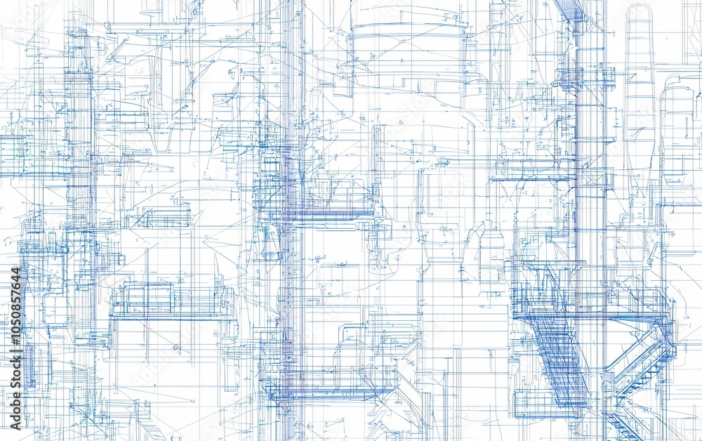 Obraz premium Blueprint design of an industrial facility showcasing intricate piping and structural elements in a detailed, technical layout