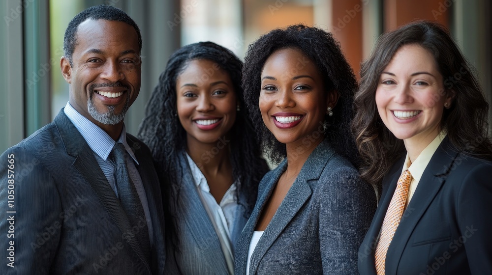 Multi-ethnic business team smiling in office, Generative AI Multi-ethnic business team smiling in office, Generative AI