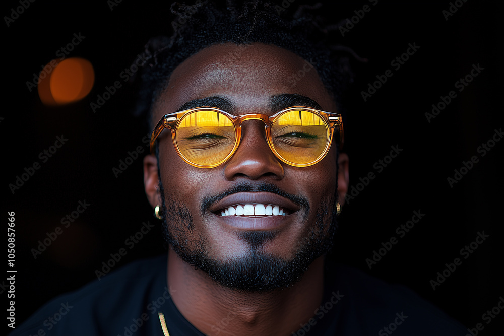Obraz premium black male model 25 years old with yellow glasess, very short Textured Crop, powdery haircolour, smiling, dark plain Background
