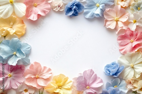 Delicate pastel flowers arranged in a beautiful frame against a white background