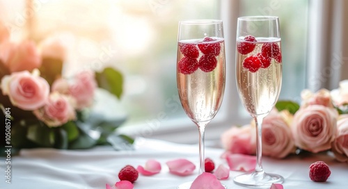 Romantic brunch setting with champagne flutes and rose petals in soft natural...
