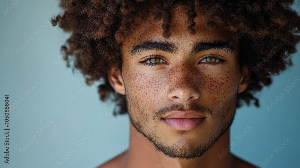 Portrait of a handsome man with freckles and an afro looking at the camera, Generative AI Portrait of a handsome man with freckles and an afro looking at the camera, Generative AI