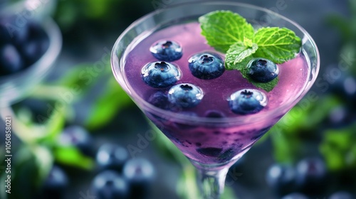 Refreshing blueberry mint smoothie served in a glass with fresh ingredients o...