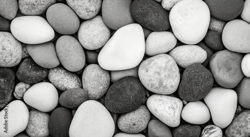 Varied collection of smooth stones in black and white, showcasing natural tex...