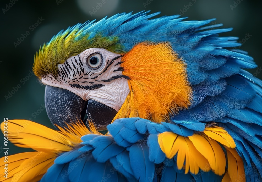 Obraz premium Vibrant blue and yellow macaw perched amidst bright tropical foliage in a lush environment