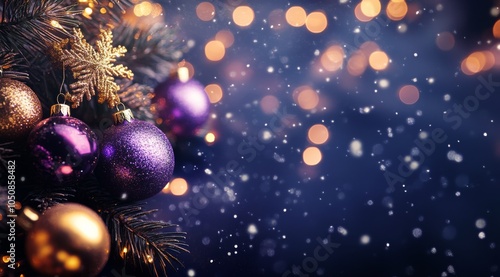 Elegant Christmas tree adorned with golden and purple ornaments, sparkling un...