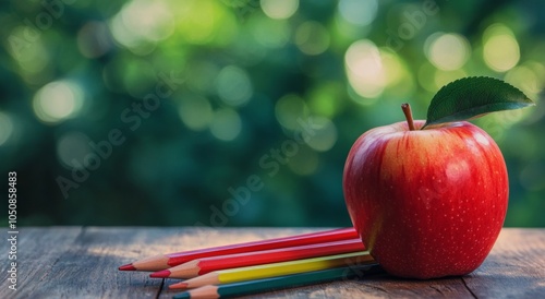 Bright red apple next to colorful pencils on a wooden table in a garden setting