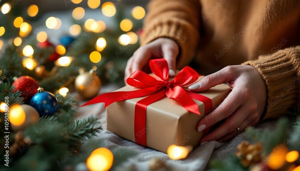 A woman holding a beautifully wrapped gift in her hands, showcasing an expression of excitement and anticipation, perfect for celebrating special occasions or holidays A woman holding a beautifully wrapped gift in her hands, showcasing an expression of excitement and anticipation, perfect for celebrating special occasions or holidays