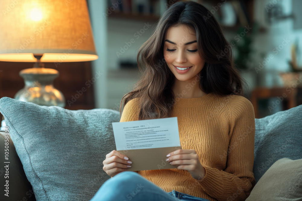 Young smiling woman reading received letter and message, sitting on sofa at home and holding open envelope Young smiling woman reading received letter and message, sitting on sofa at home and holding open envelope