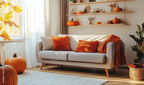 Cozy autumn living room with pumpkins and warm decorations in a sunny atmosphere