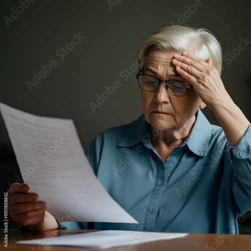 An elderly woman looks stressed while reading a document, holding her forehead with concern.