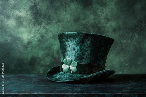 A vintage green top hat with a shamrock resting on its brim against a texture...