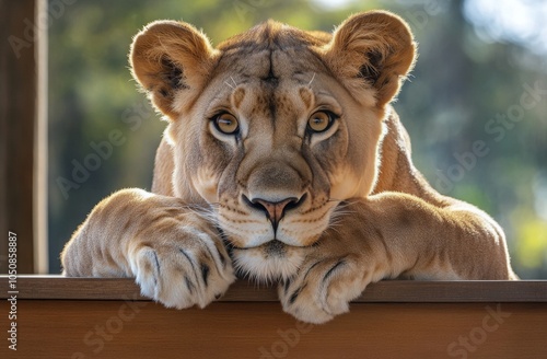 A lioness resting with her paws on a log in a calm, dimly lit environment