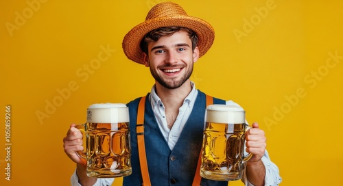 Cheerful man holding two large beer mugs in a vibrant yellow setting during O...