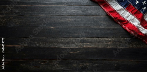 Rustic wooden backdrop with an American flag displayed in the corner during d...