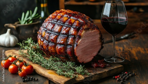 Festive holiday dinner featuring glazed ham, red wine, fresh herbs, and seaso...