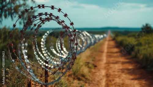 Barbed wire fencing along a dirt path in an open field under a clear sky