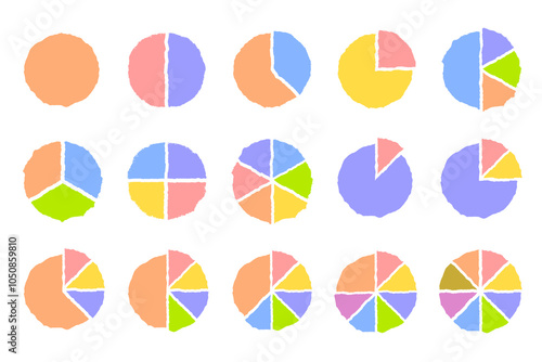 Set of pie charts with different variations of cut out sectors and segments with jagged ragged edges. Vector color illustration of infographics for presentation of financial statistics.