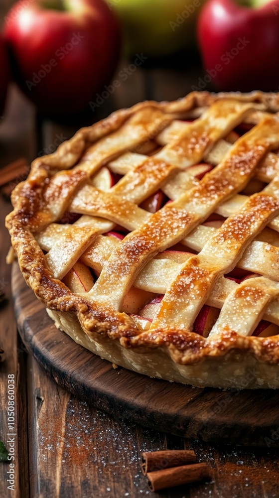 A freshly baked apple pie with a lattice crust sits on a rustic wooden table, with apples in the background. This cozy and appetizing image is ideal for autumn, baking, and holiday content. A freshly baked apple pie with a lattice crust sits on a rustic wooden table, with apples in the background. This cozy and appetizing image is ideal for autumn, baking, and holiday content.