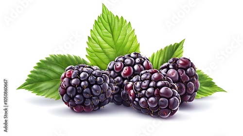 Ripe blackberries with green leaves isolated on white background