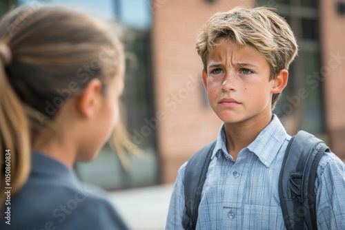 School teacher motivating a troubled school kid outside class, Generative AI photo