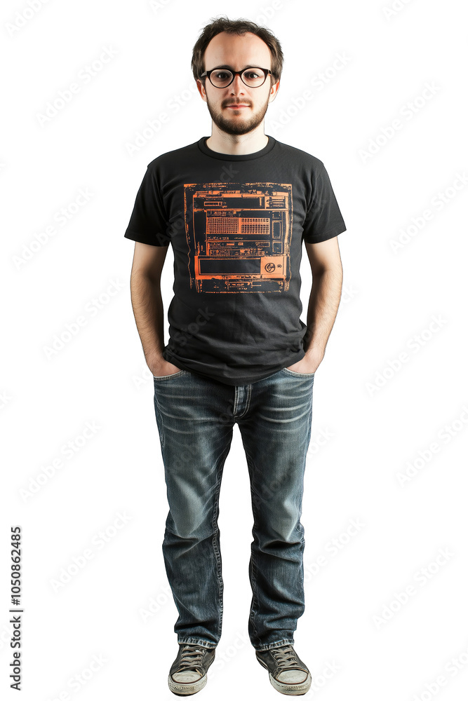 A young man stands confidently with hands in pockets, wearing a graphic t-shirt and jeans against a plain white background A young man stands confidently with hands in pockets, wearing a graphic t-shirt and jeans against a plain white background