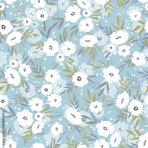 Seamless floral pattern based on traditional folk art ornaments. Colorful flowers on color background. Scandinavian style. Sweden nordic style. Vector illustration. Simple minimalistic pattern