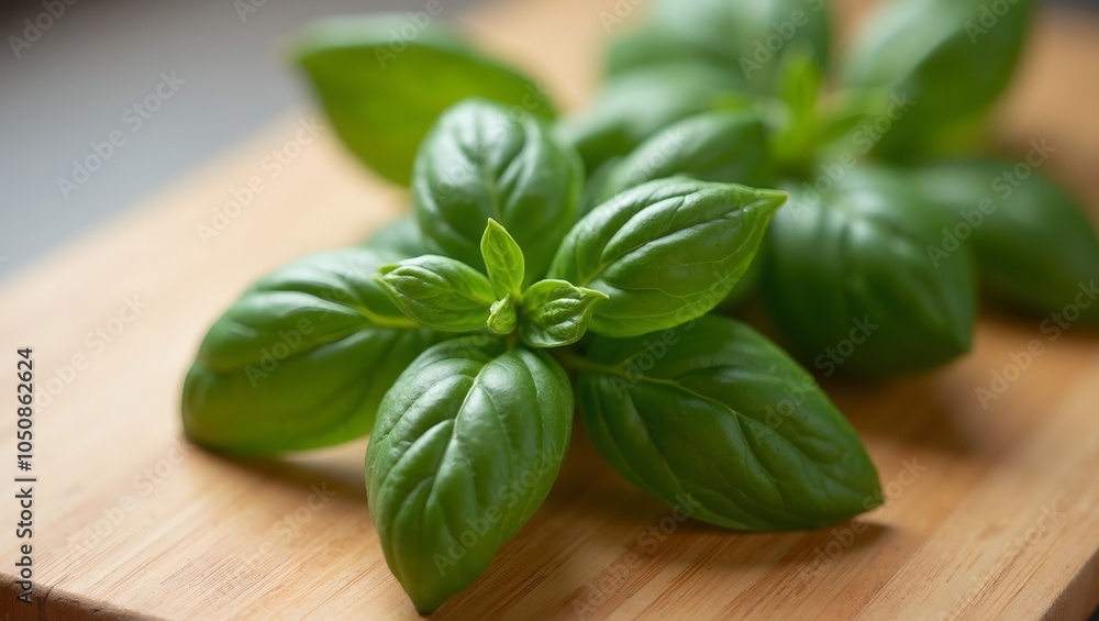Fresh basil leaves on wooden cutting board vibrant green color and delicate veins visible Fresh basil leaves on wooden cutting board vibrant green color and delicate veins visible