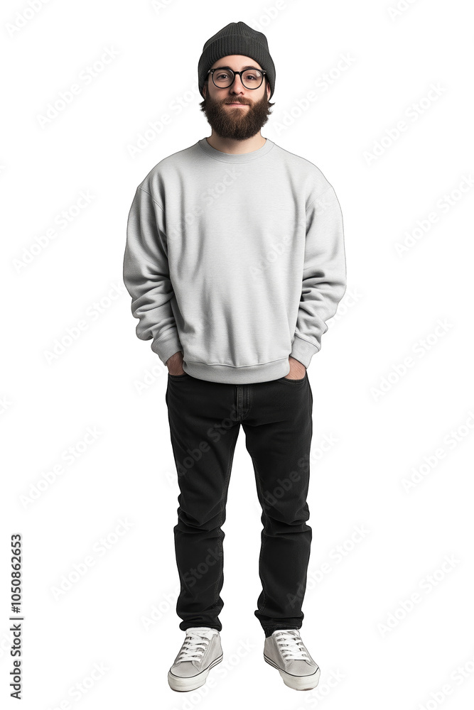 Young man standing confidently in casual attire with a beard and glasses in a neutral background, exuding relaxed style and comfort Young man standing confidently in casual attire with a beard and glasses in a neutral background, exuding relaxed style and comfort