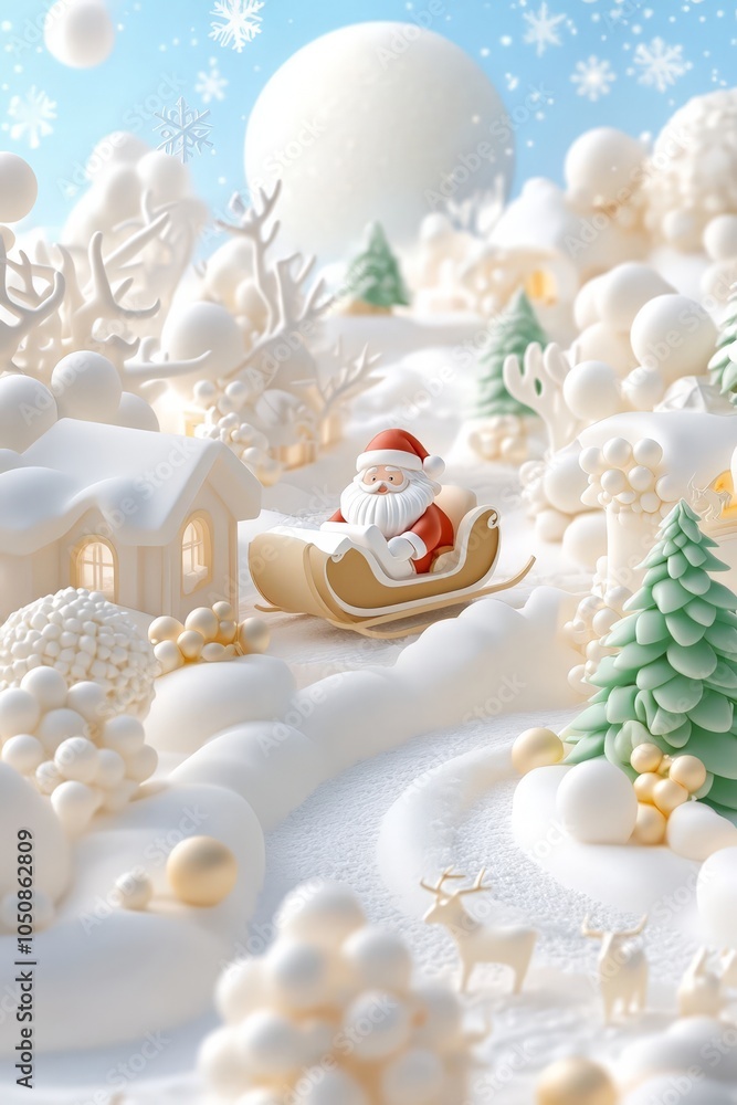 A festive scene with Santa Claus riding his sleigh through a whimsical snowy village, surrounded by decorated trees and reindeer. A festive scene with Santa Claus riding his sleigh through a whimsical snowy village, surrounded by decorated trees and reindeer.