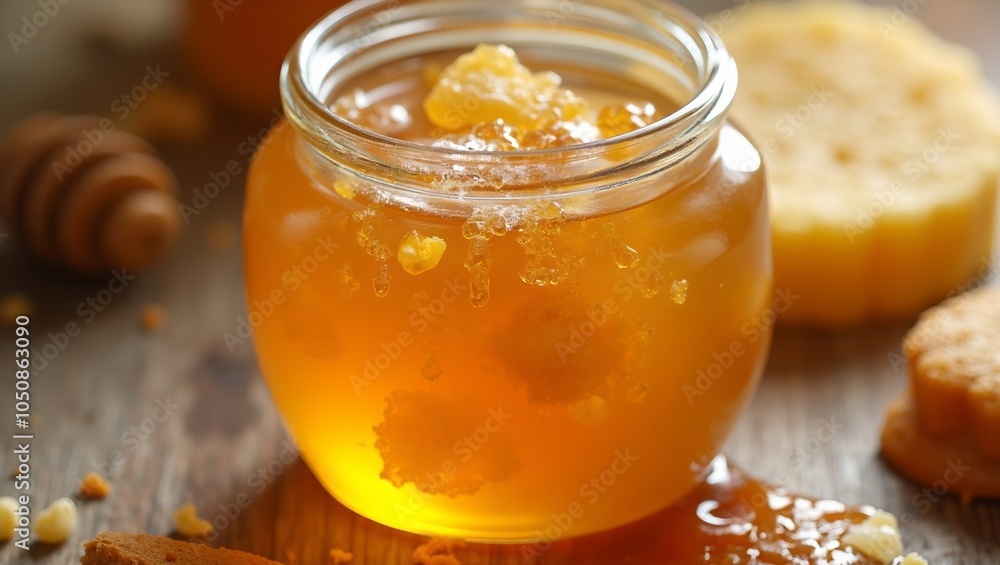Jar of raw honey with honeycomb pieces inside showcasing natural golden texture Jar of raw honey with honeycomb pieces inside showcasing natural golden texture