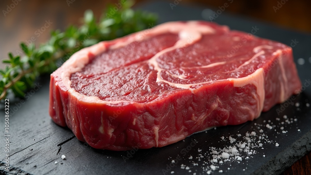 Juicy beef steak on cutting board with thyme and salt Juicy beef steak on cutting board with thyme and salt